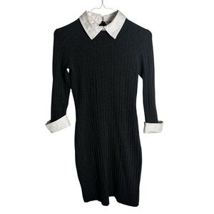Collared cable knit mini sweater dress with 3/4 length sleeves